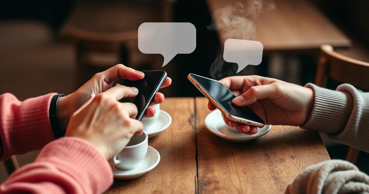 Two people holding smartphones across a cafe table with chat speech bubbles