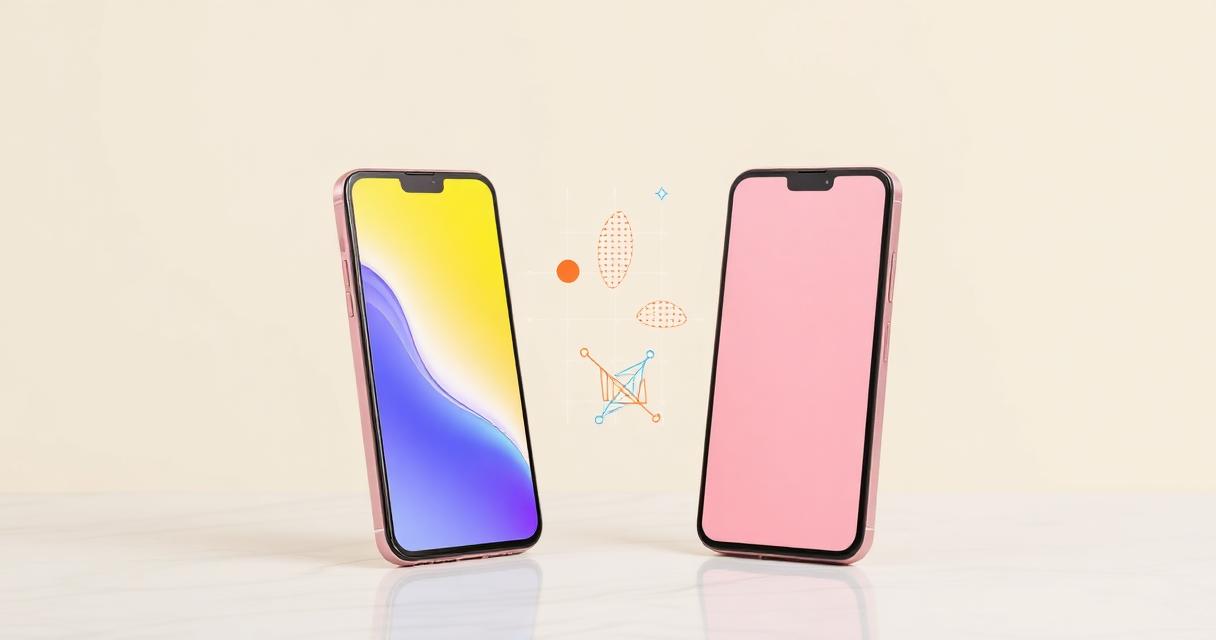 Two smartphones facing each other on a marble surface, comparison composition