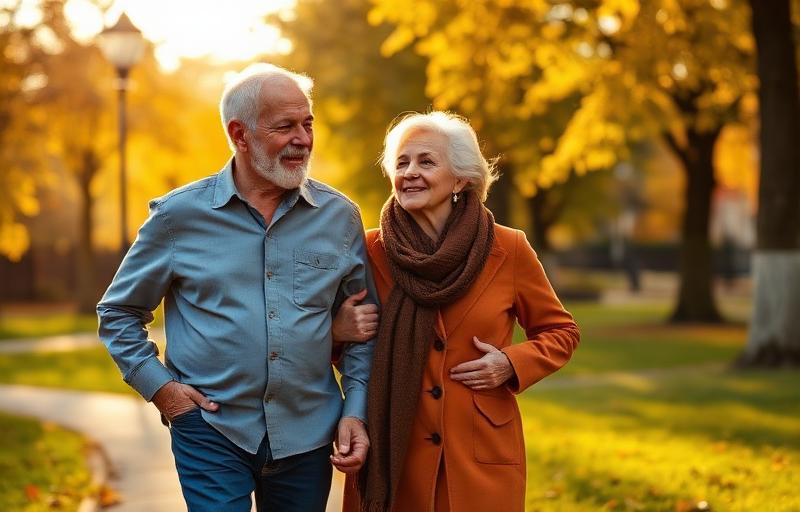 Mature couple walking together in golden light