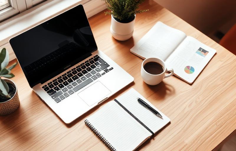 Desk with laptop, notebook and coffee