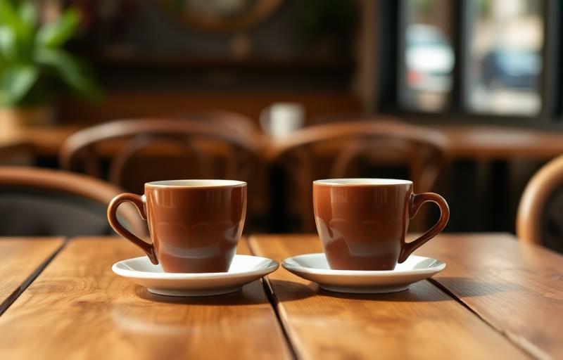 Two coffee cups on a café table