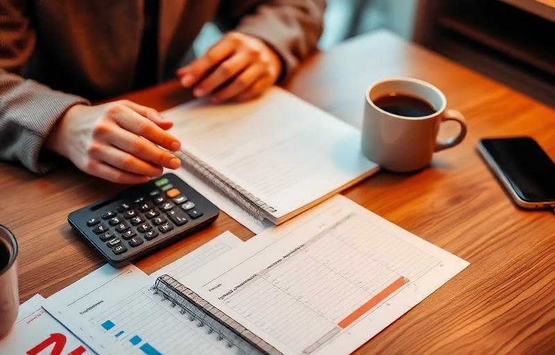 Financial planning with calculator and coffee