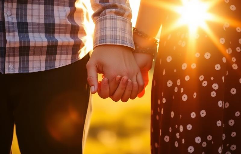 Couple holding hands in golden sunlight