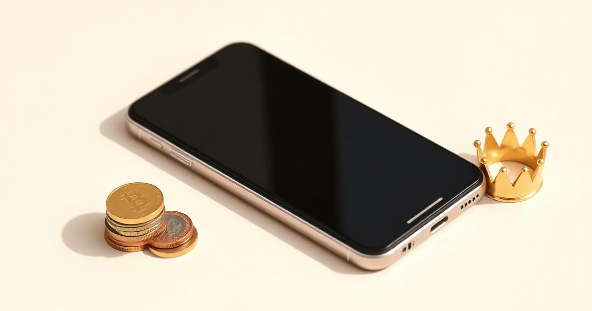 Smartphone with a small golden crown and stack of coins on a cream surface