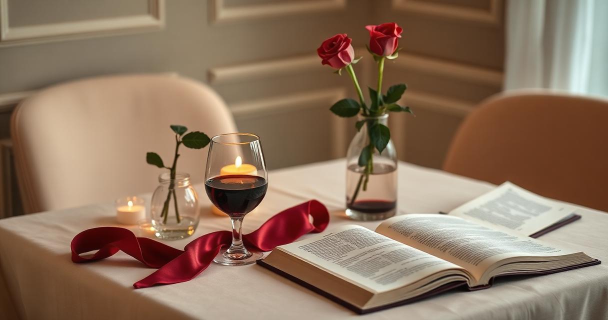 Beautifully styled solo place setting with rose, candle, wine and a book